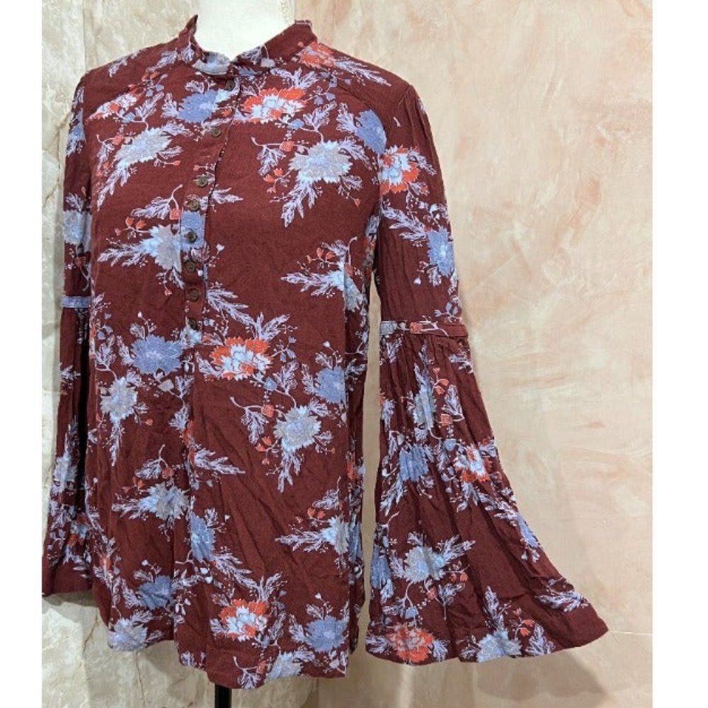 Free People tunic blouse bell Long sleeve 3/4 front button women size M